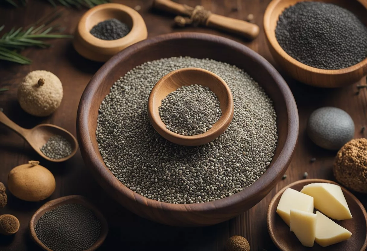 A bowl of chia seeds surrounded by ancient artifacts and cultural symbols, representing their historical and cultural significance