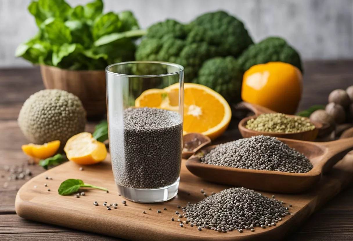 Chia seeds scattered across a wooden table, surrounded by various fruits and vegetables. A glass of water with chia seeds soaking in it sits nearby