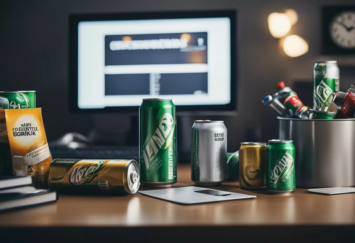 A cluttered desk with empty energy drink cans, a tired-looking clock, and a fading health poster