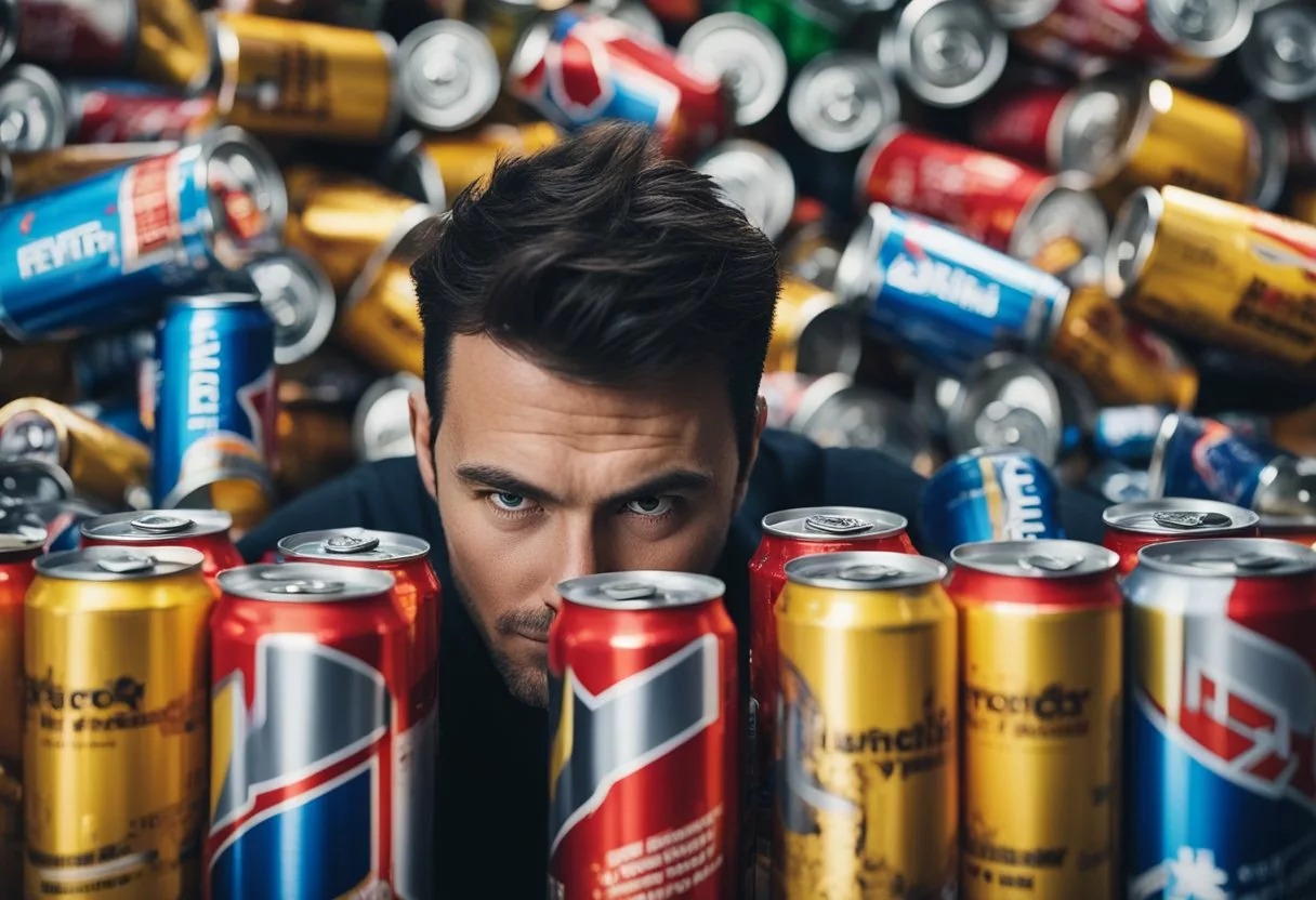 A person surrounded by energy drink cans, with a tired and jittery expression, while their body shows signs of dehydration and increased heart rate