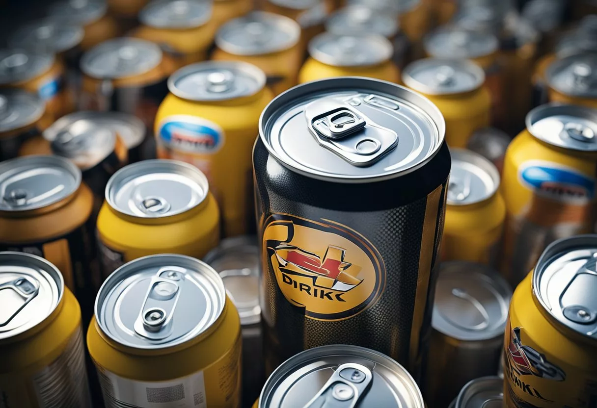 A can of energy drink surrounded by a collection of empty cans, with a tired and jittery feeling emanating from the scene