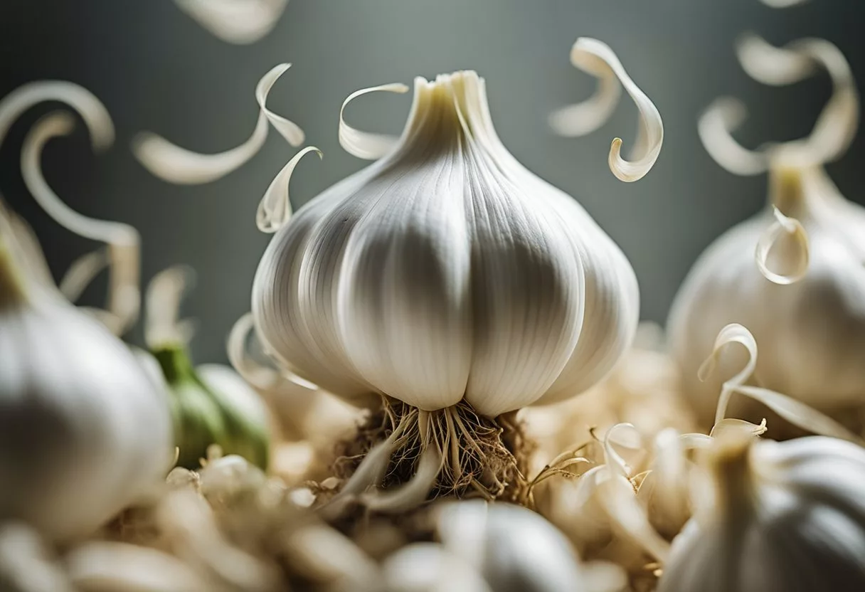 Garlic bulb surrounded by swirling lines representing body effects