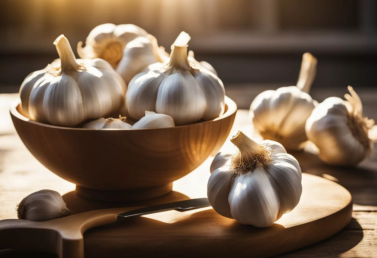 A bowl of fresh garlic bulbs sits on a wooden cutting board, with a knife beside it. Rays of sunlight filter through a window, illuminating the scene