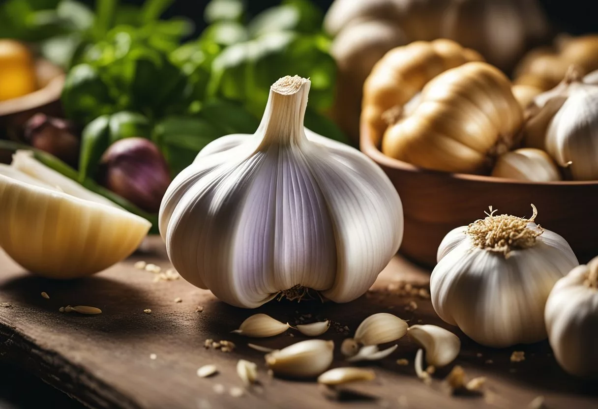 Garlic bulb surrounded by various food items. Nutritional facts displayed next to it. Radiant glow emanates from the garlic, symbolizing health benefits