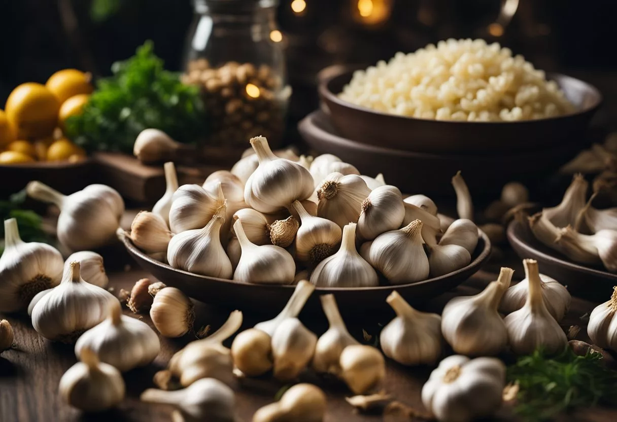 A table filled with fresh garlic bulbs, cloves, and dishes of garlic-infused meals. A person's silhouette with a glowing aura of health and vitality