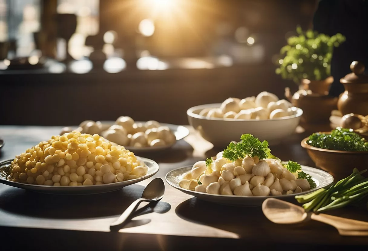 A table covered with various dishes, all featuring garlic as a key ingredient. A person's silhouette in the background, surrounded by a radiant glow