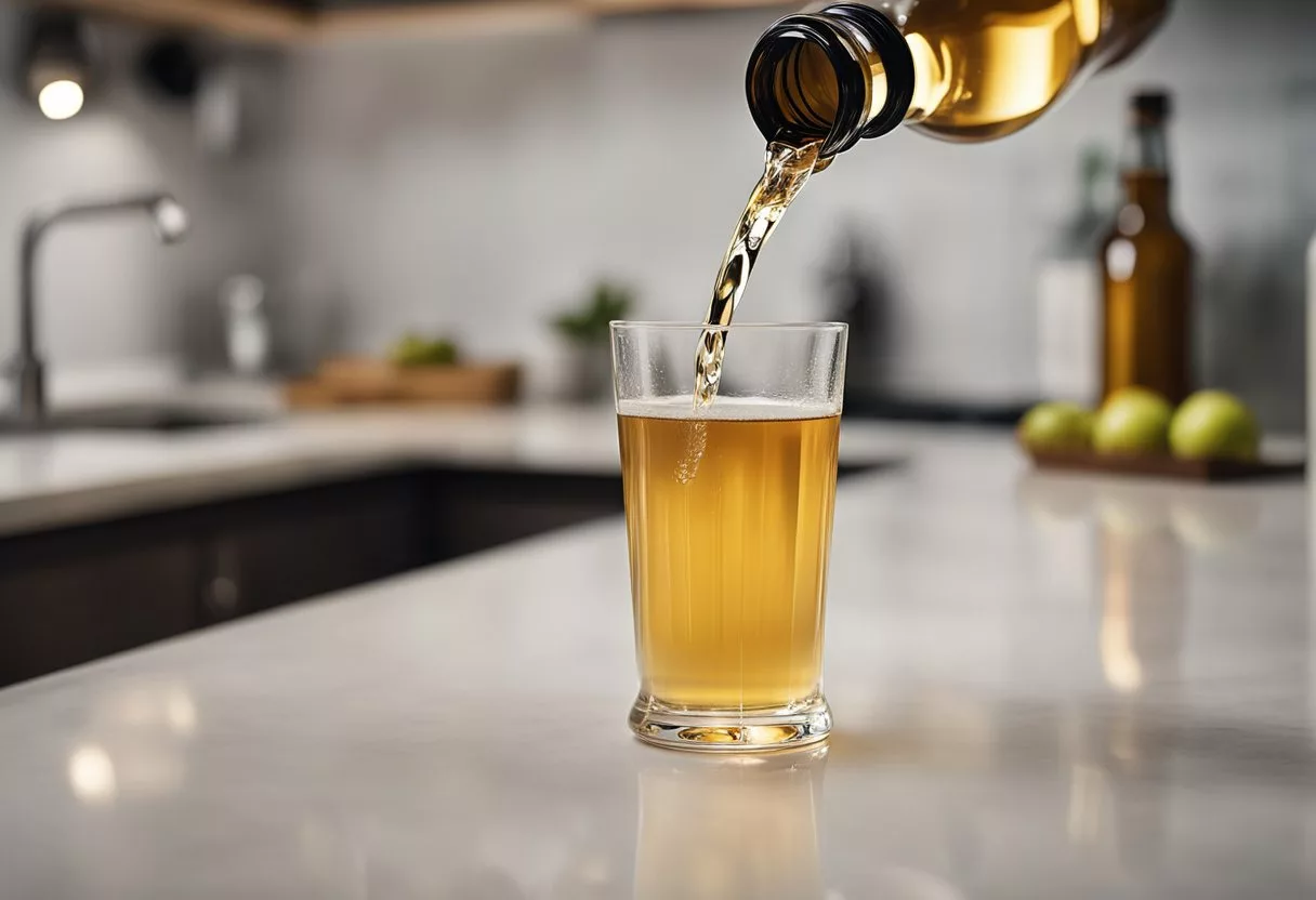 A bottle of apple cider vinegar sits on a kitchen counter, with a daily dose being poured into a glass of water. The liquid swirls as it is stirred, emitting a pungent aroma