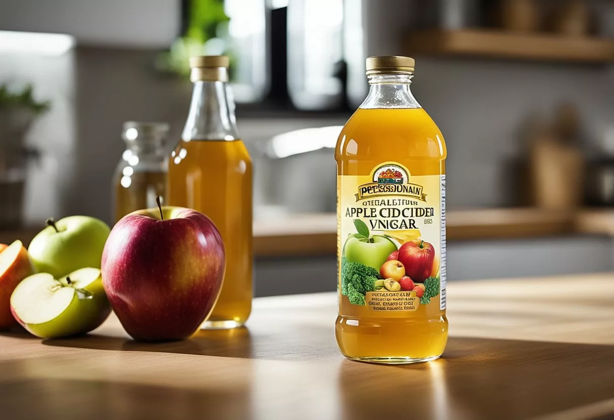 A bottle of apple cider vinegar sits on a kitchen counter, surrounded by various fruits and vegetables. A glowing halo of health and vitality emanates from the bottle, symbolizing the positive effects on the body