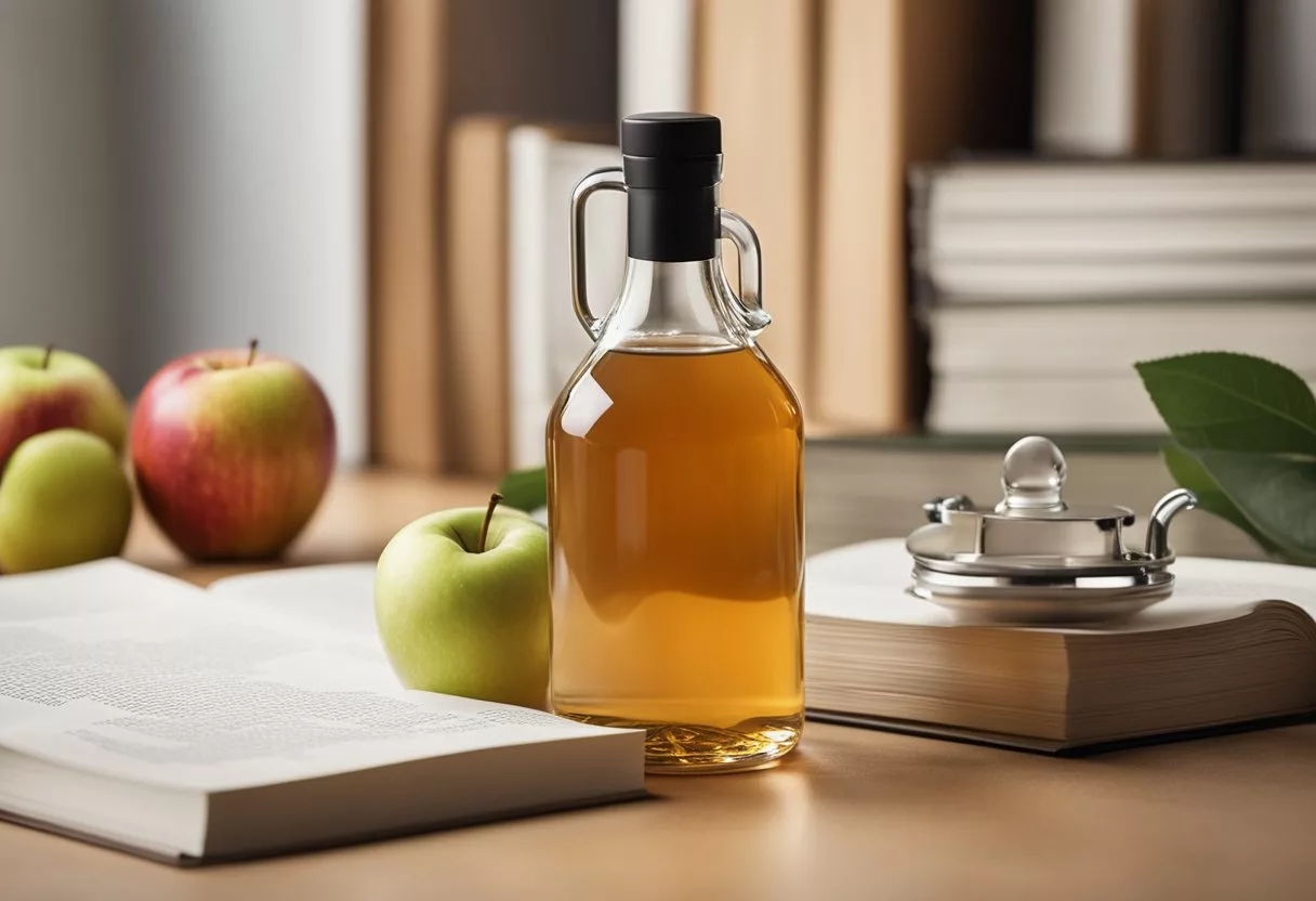 A bottle of apple cider vinegar surrounded by scientific research papers and studies