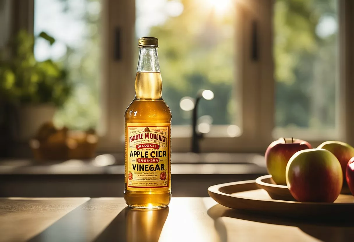 A bottle of apple cider vinegar sits on a kitchen counter, surrounded by fresh apples and a glass of water. A ray of sunlight shines through the window, illuminating the bottle