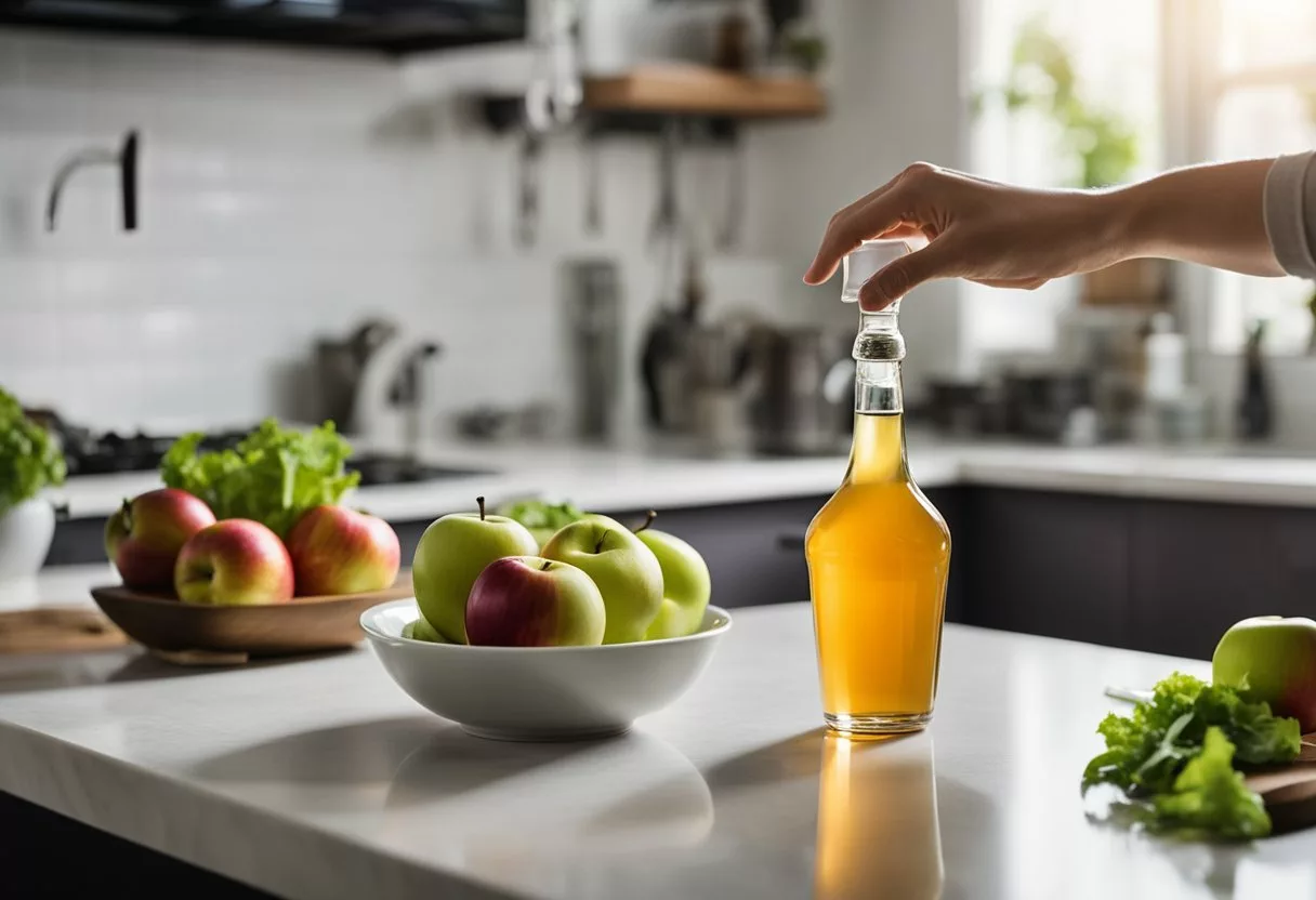 A glass bottle of apple cider vinegar sits on a kitchen counter next to a bowl of fresh apples and a healthy salad. A person's hand reaches for the bottle, indicating daily use