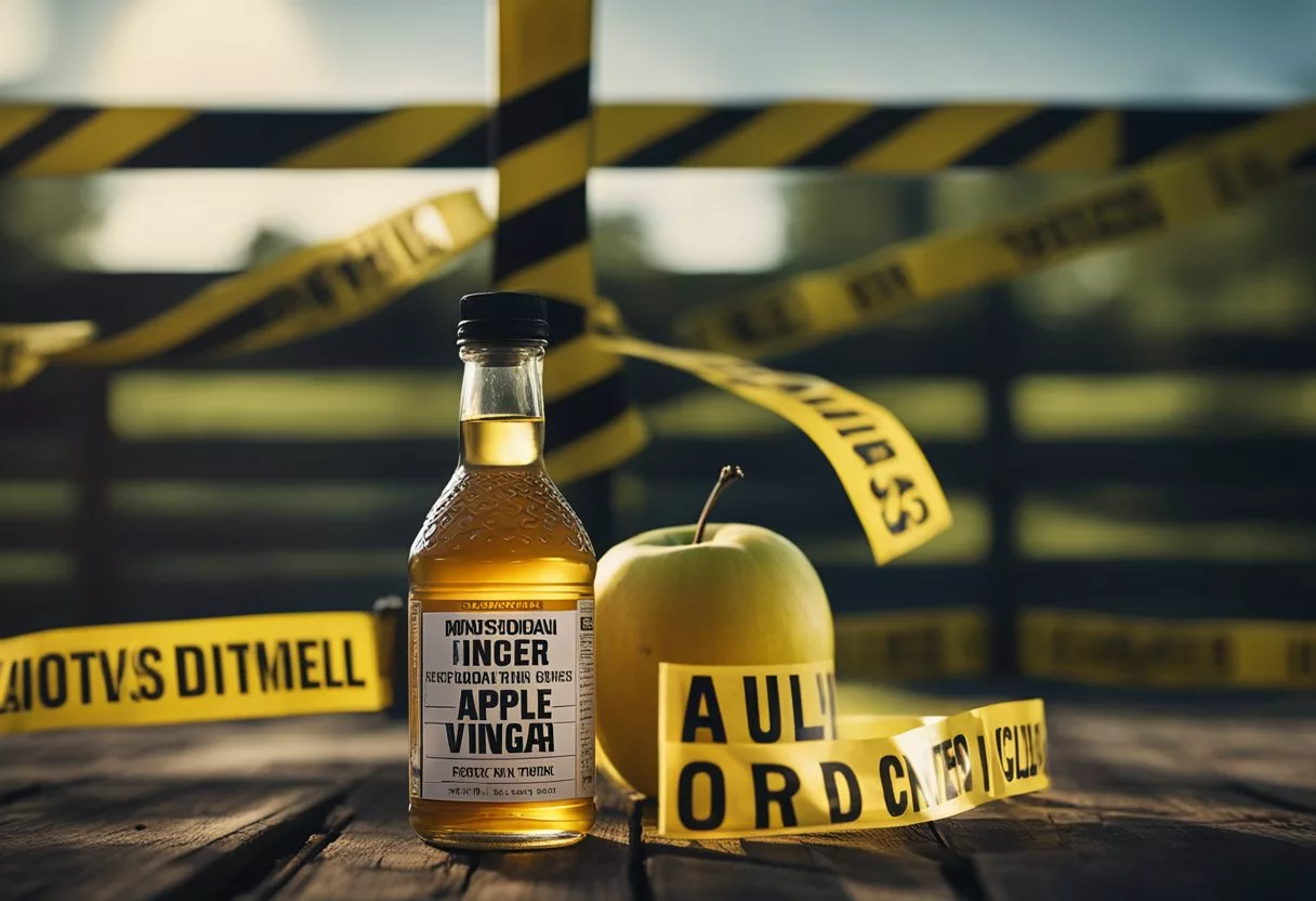 A bottle of apple cider vinegar surrounded by warning signs and caution tape. An ominous shadow looms over the bottle, hinting at potential risks