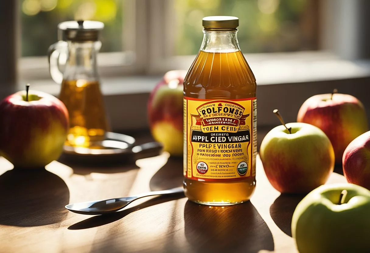 A glass bottle of apple cider vinegar sits on a wooden table, surrounded by fresh apples and a measuring spoon. Sunlight streams through a nearby window, casting a warm glow on the scene