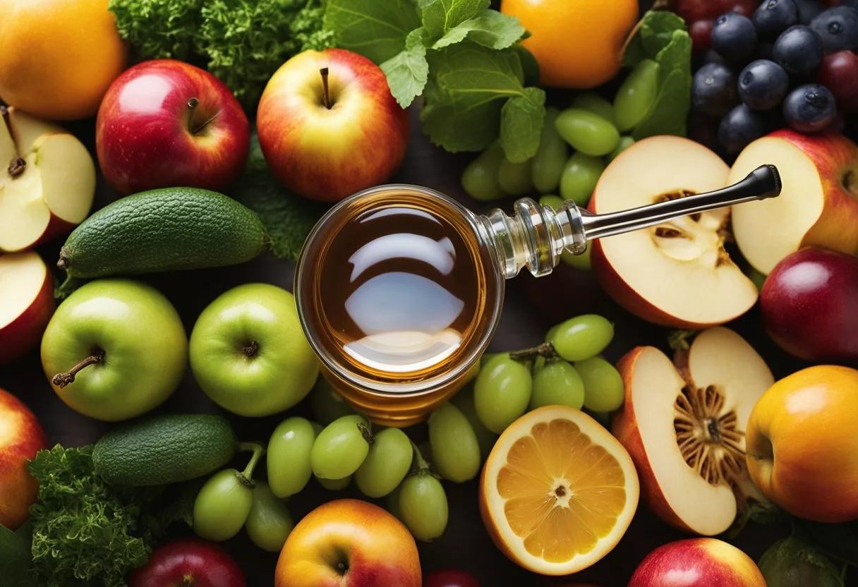 A bottle of apple cider vinegar surrounded by various fruits and vegetables, with a magnifying glass highlighting its effects on the body