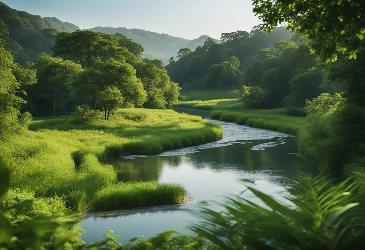 A serene landscape with a winding river, lush greenery, and a calm, clear sky. A sense of tranquility and rejuvenation emanates from the scene