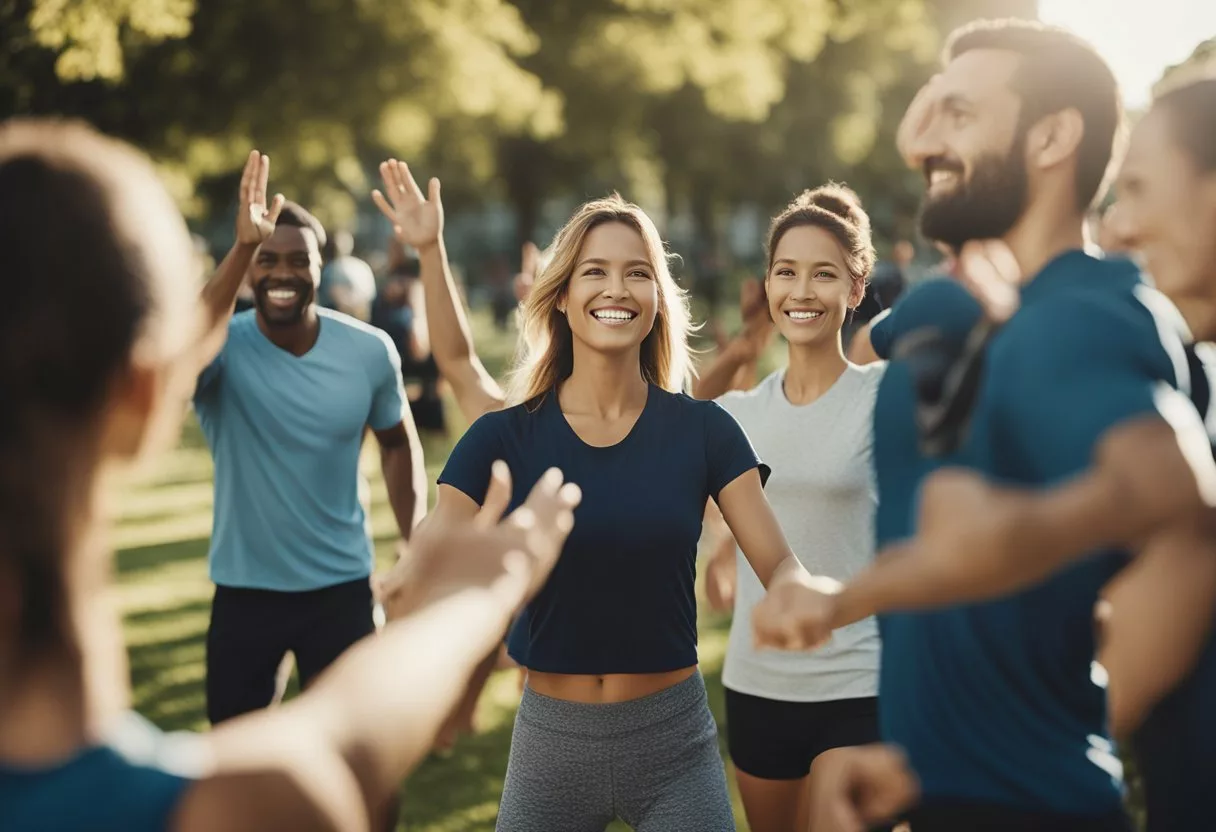 People gather in a park, exercising together. Smiling faces, high fives, and supportive gestures show the community aspect of daily exercise