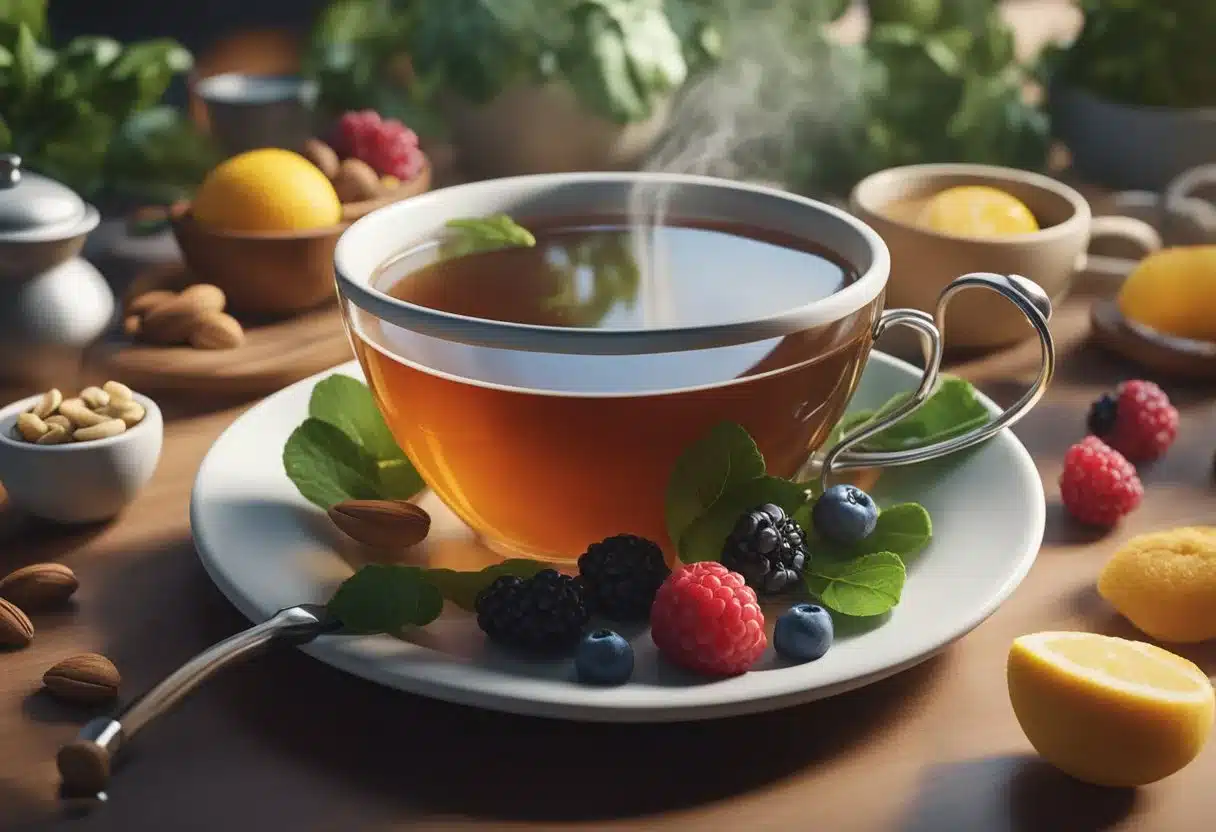 A steaming cup of tea surrounded by heart-healthy ingredients like berries, nuts, and leafy greens, with a stethoscope nearby