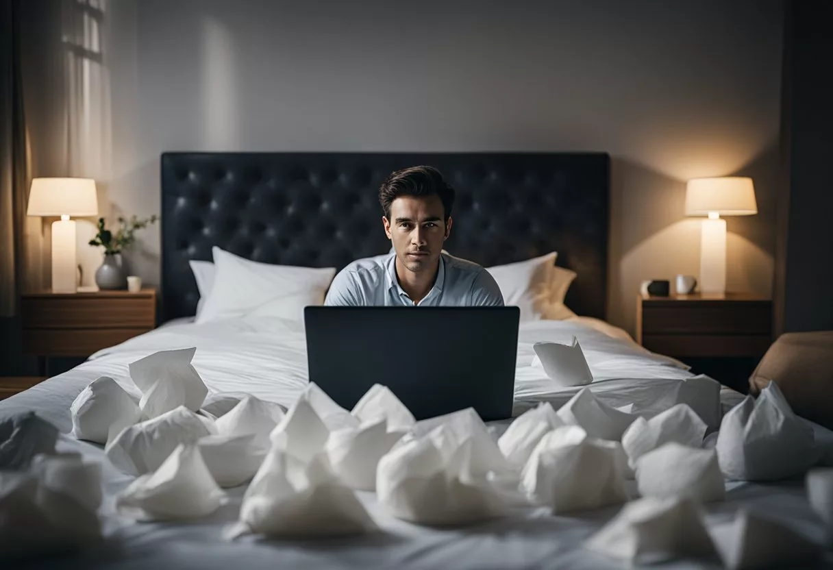 A person sits on a bed, surrounded by scattered tissues and a laptop. The room is dimly lit, with a sense of privacy and secrecy