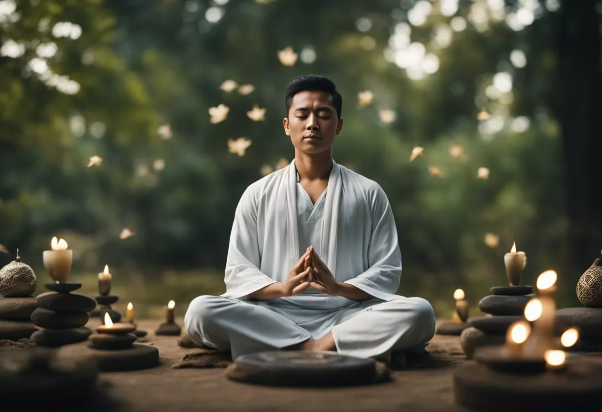 A person meditates in a serene, natural setting, surrounded by symbols of cultural and ethical significance