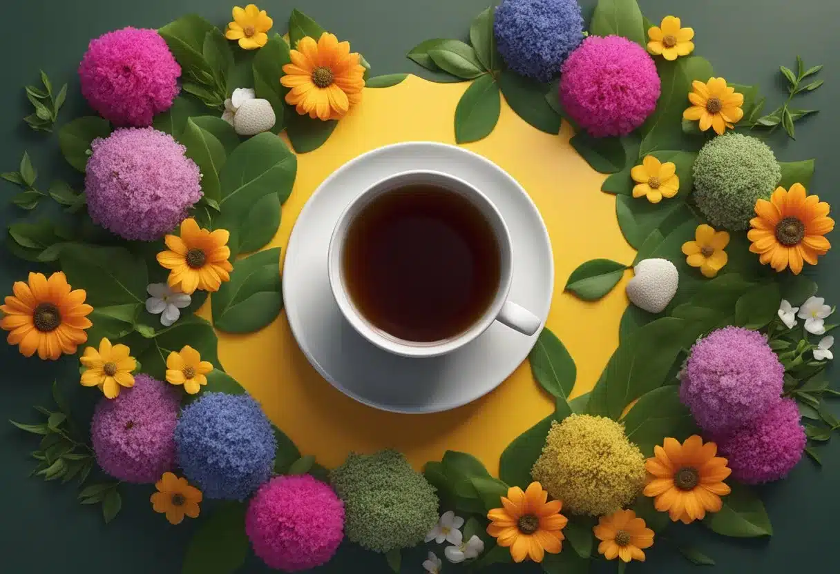 A steaming cup of tea surrounded by fresh tea leaves and colorful flowers, with a heart-shaped symbol in the background, representing the bioactive compounds in tea and their potential benefits for heart health