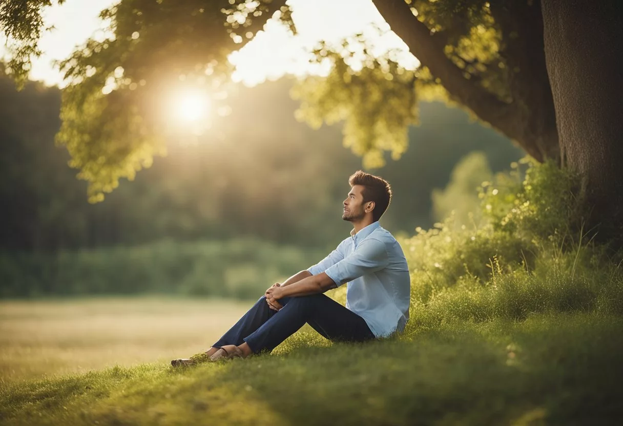 The scene depicts a serene, relaxed figure in a peaceful setting, with a sense of contentment and well-being radiating from their posture and expression