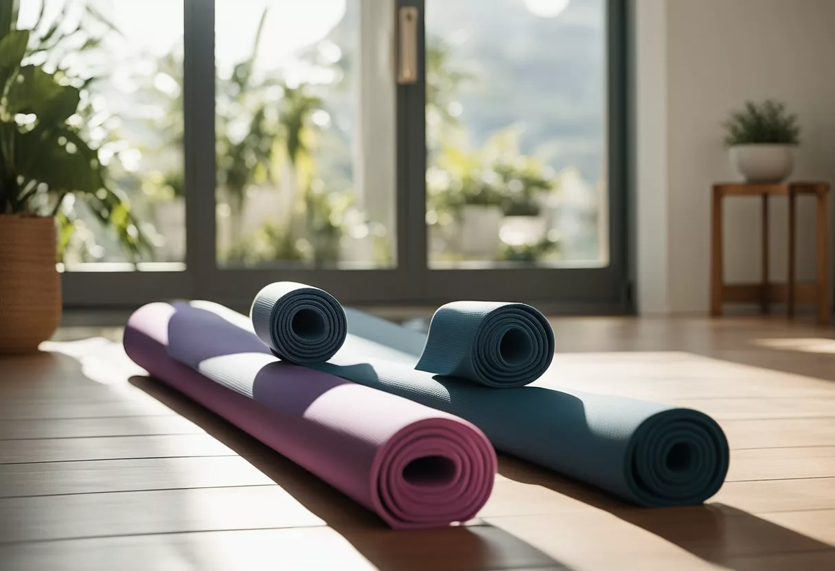 A serene, sunlit room with a yoga mat and props. The body is in various yoga poses, radiating calm and strength