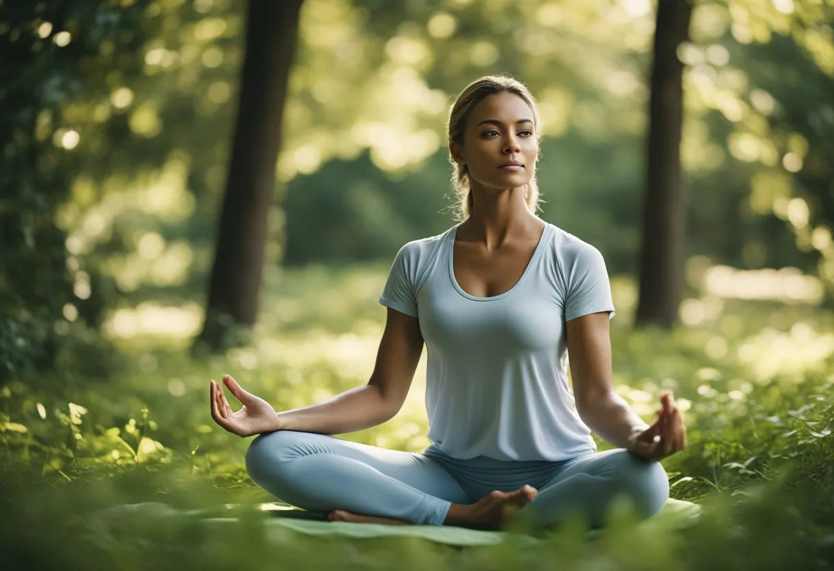 A serene figure in a peaceful setting, surrounded by nature, with a calm and focused expression, practicing yoga poses with grace and ease