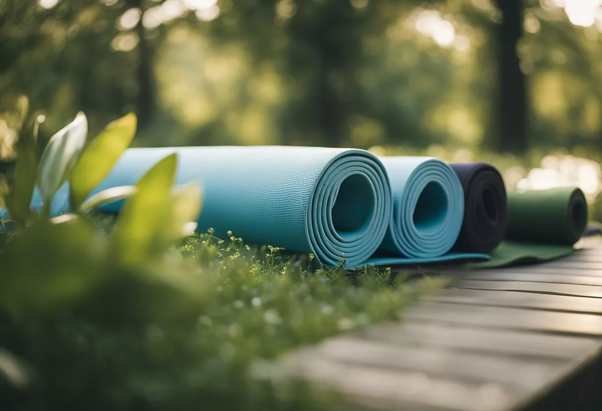 A serene setting with yoga mat, surrounded by nature, with a sense of peace and tranquility