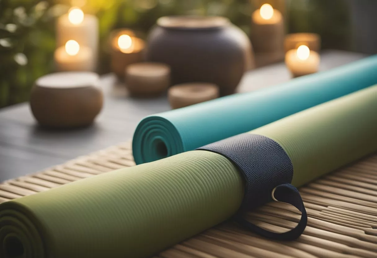 A serene yoga mat surrounded by essential props like blocks, straps, and a bolster. A peaceful atmosphere with soft lighting and calming music sets the scene for daily yoga practice