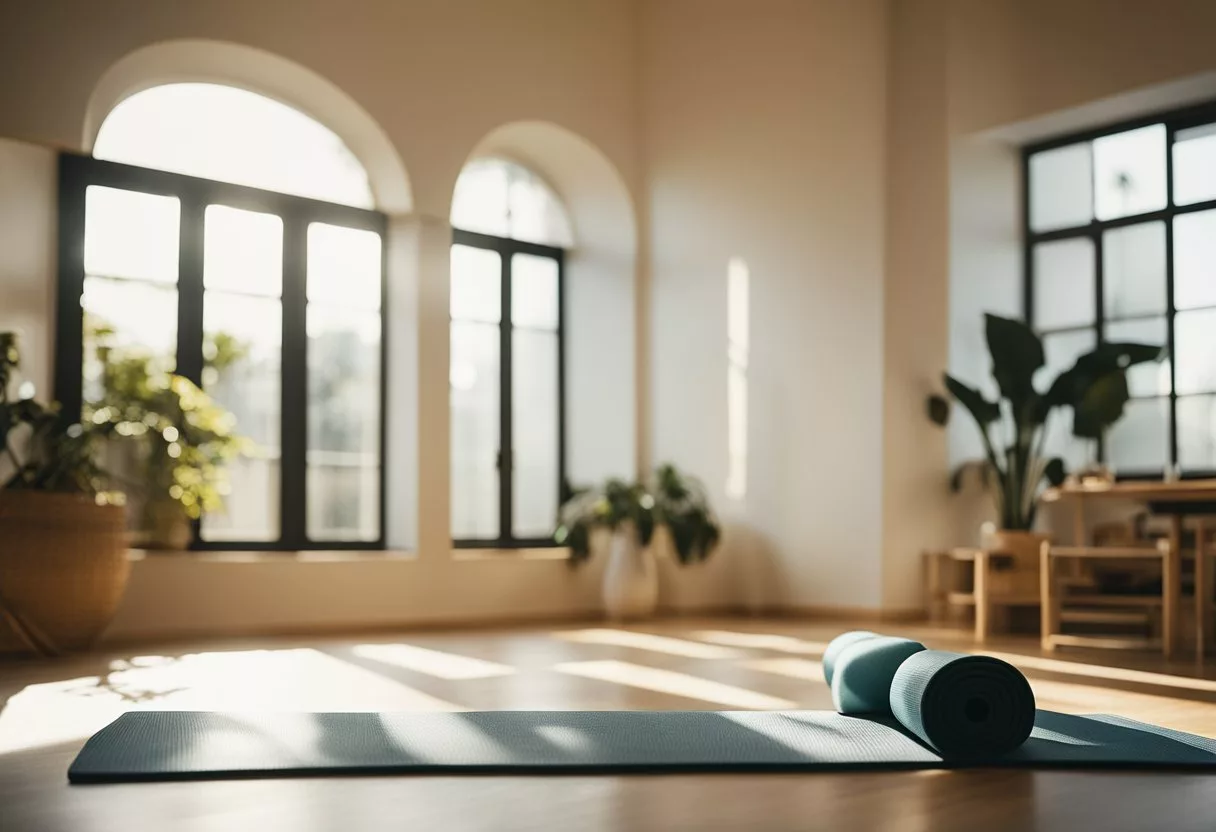 A serene room with a yoga mat, blocks, and a strap. Sunlight streams in through a window, casting a warm glow on the peaceful space