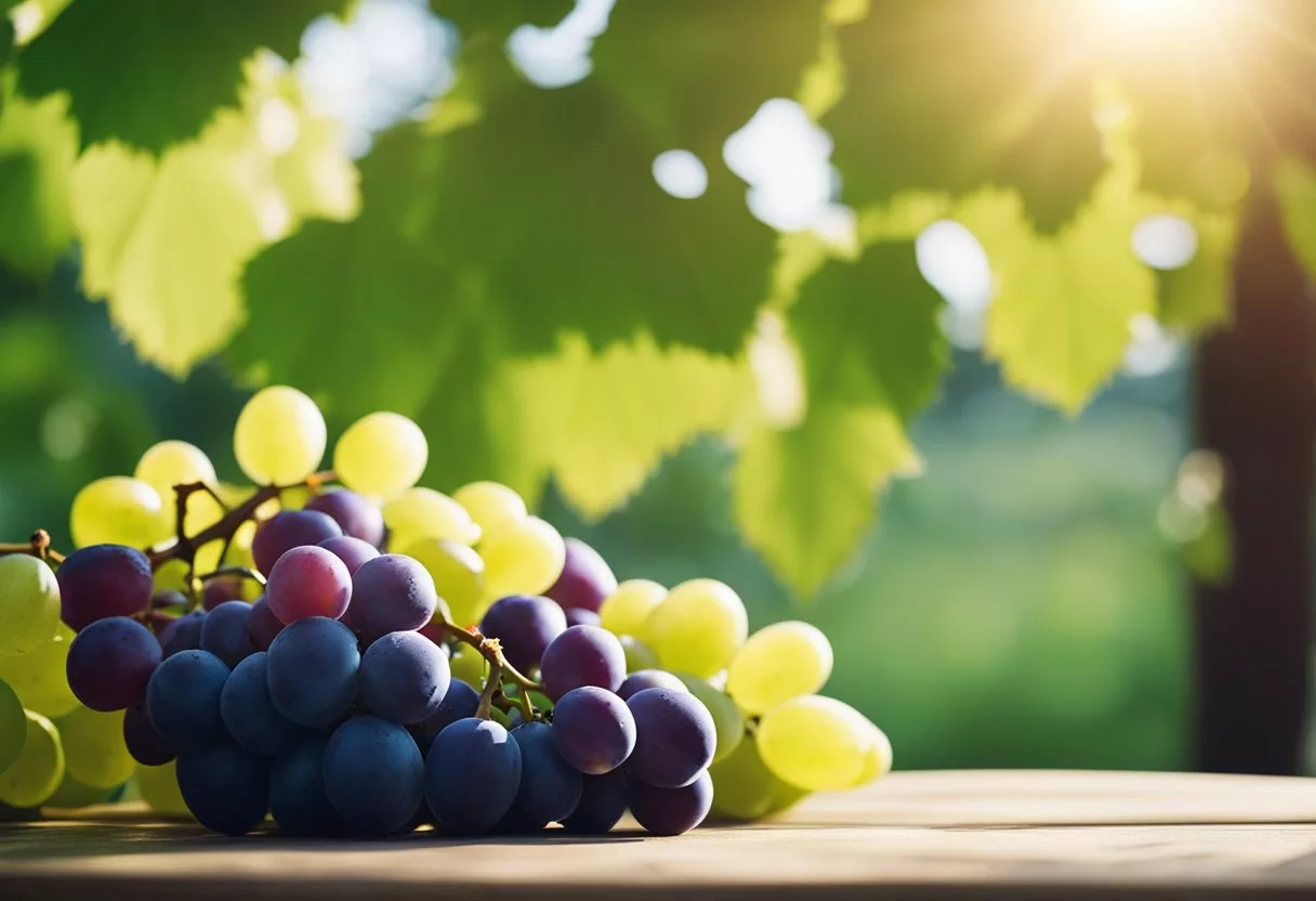 A bunch of grapes sits on a table, surrounded by a burst of energy and vitality, representing the positive effects of eating grapes daily