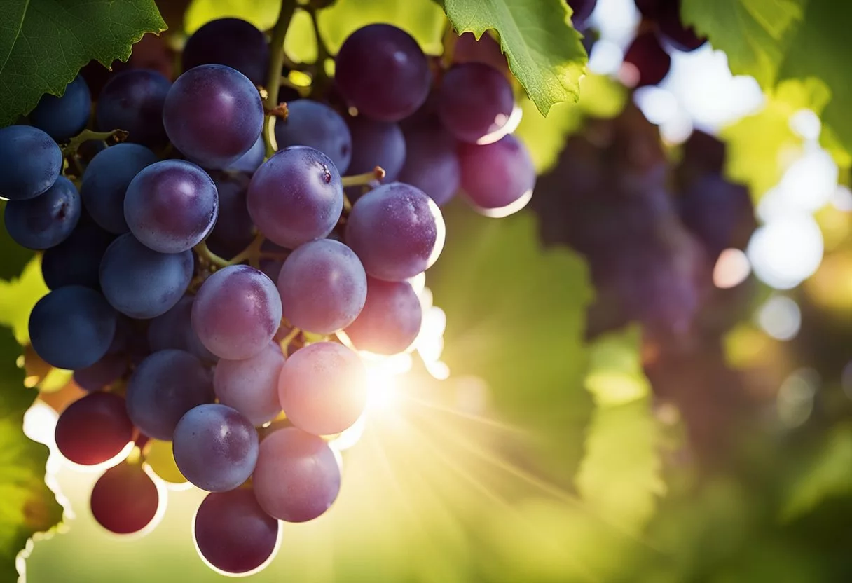 A cluster of grapes surrounded by a glowing halo, with beams of light radiating outwards, symbolizing the positive effects on the body from eating grapes daily