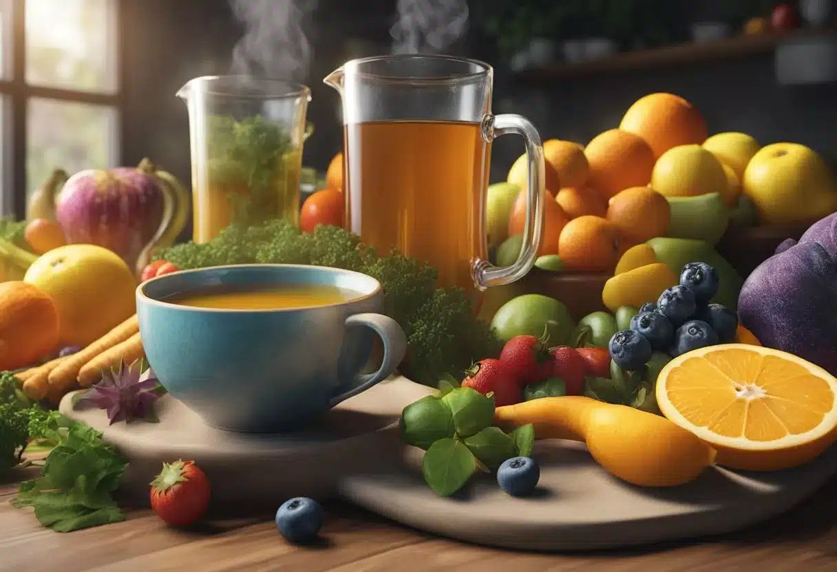 A steaming cup of herbal tea surrounded by colorful fruits and vegetables, with a backdrop of a healthy digestive system diagram