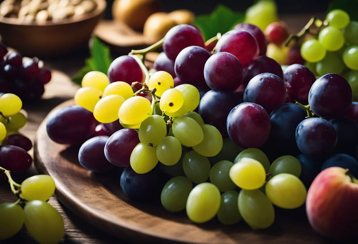 A bunch of grapes sits on a plate surrounded by other fruits. A beam of light shines on them, highlighting their vibrant colors and juicy texture