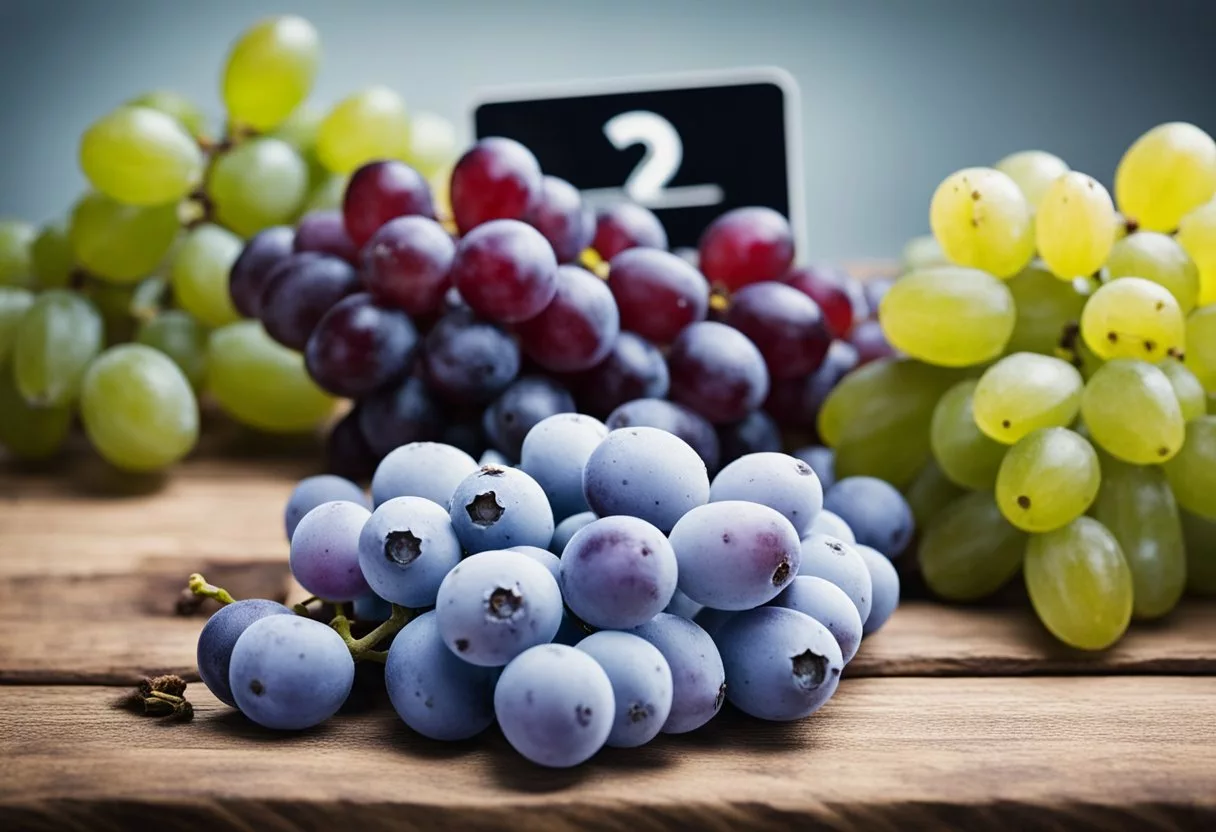 A pile of grapes sits on a table, with a warning sign next to it. A series of caution symbols surround the grapes, indicating potential health risks from daily consumption