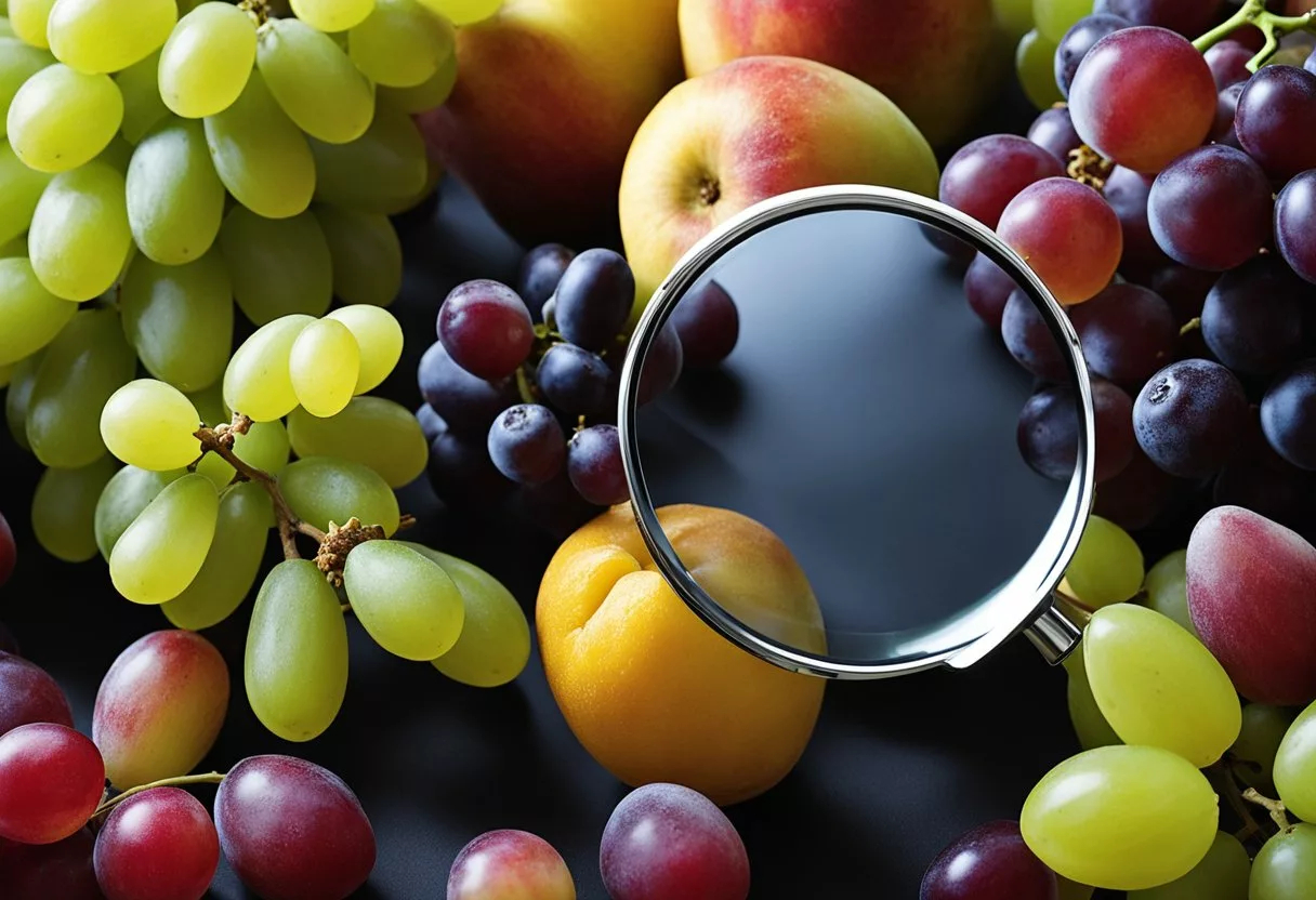 A bunch of grapes surrounded by various other fruits, with a magnifying glass analyzing their nutritional content