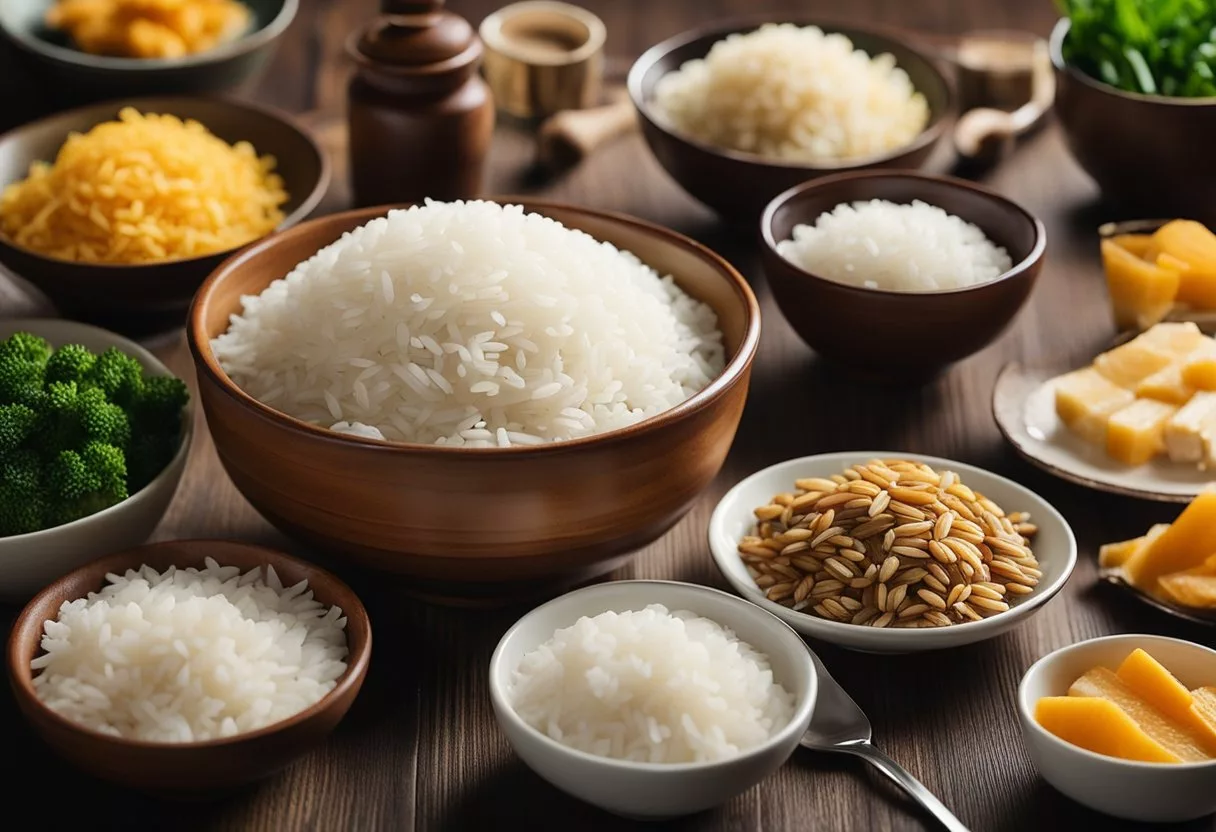 A bowl of rice sits at the center of the table, surrounded by various food items. The scene depicts a daily routine of consuming rice as part of a balanced diet