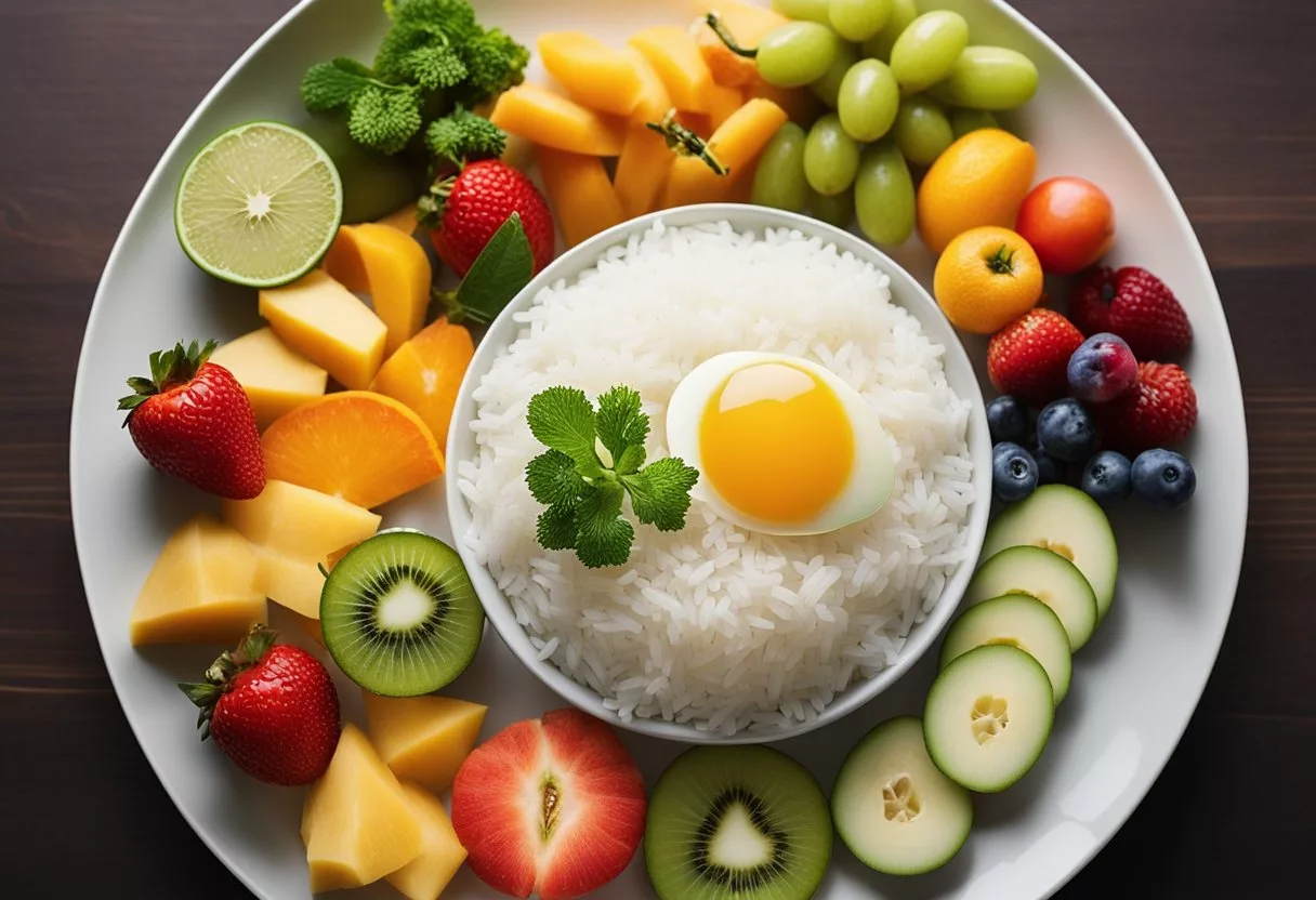 A plate of rice surrounded by a variety of colorful fruits, vegetables, and proteins. A healthy body with a glowing aura stands strong and energetic