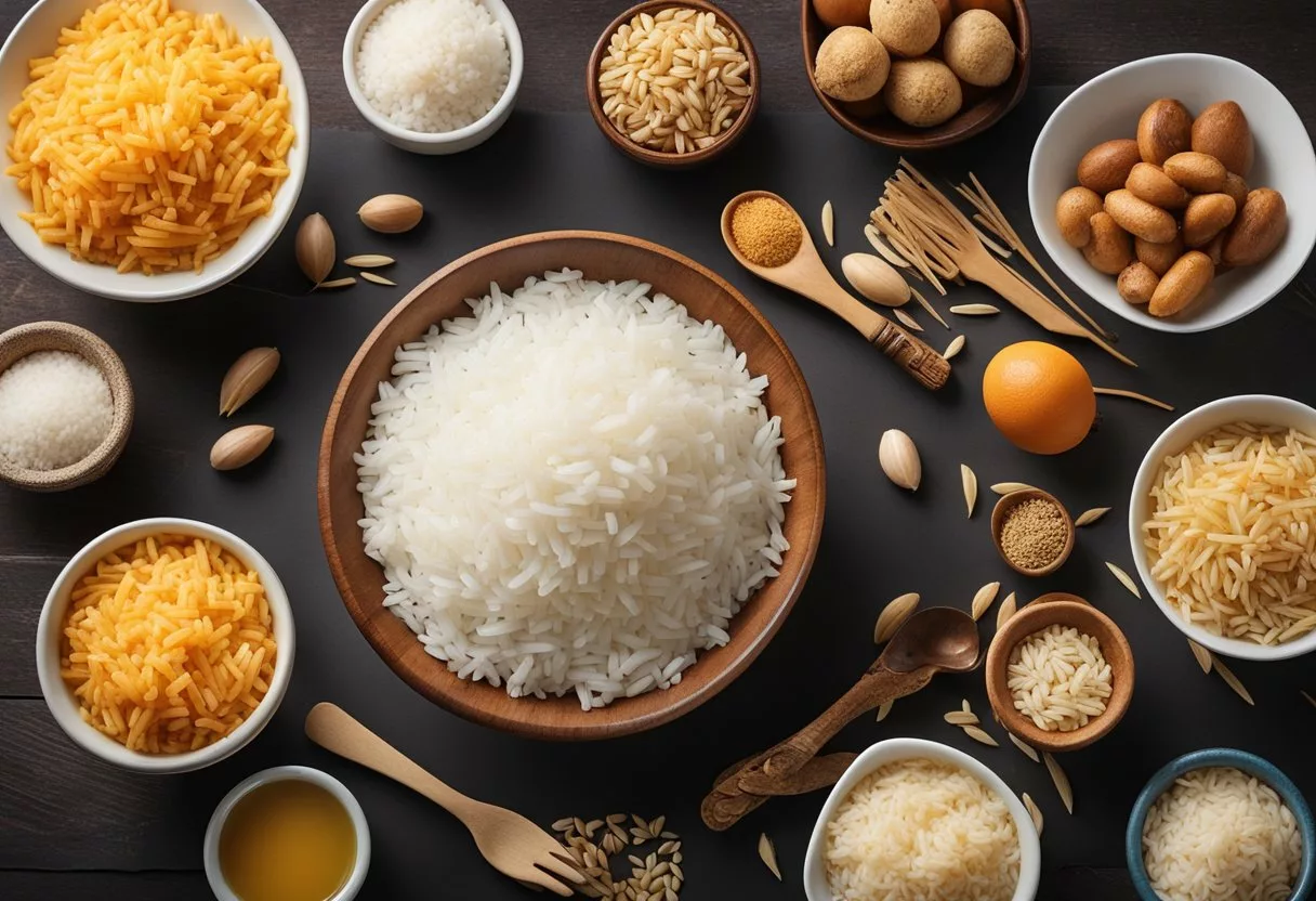 A bowl of rice surrounded by various food groups, with arrows pointing to a healthy body, brain, and heart