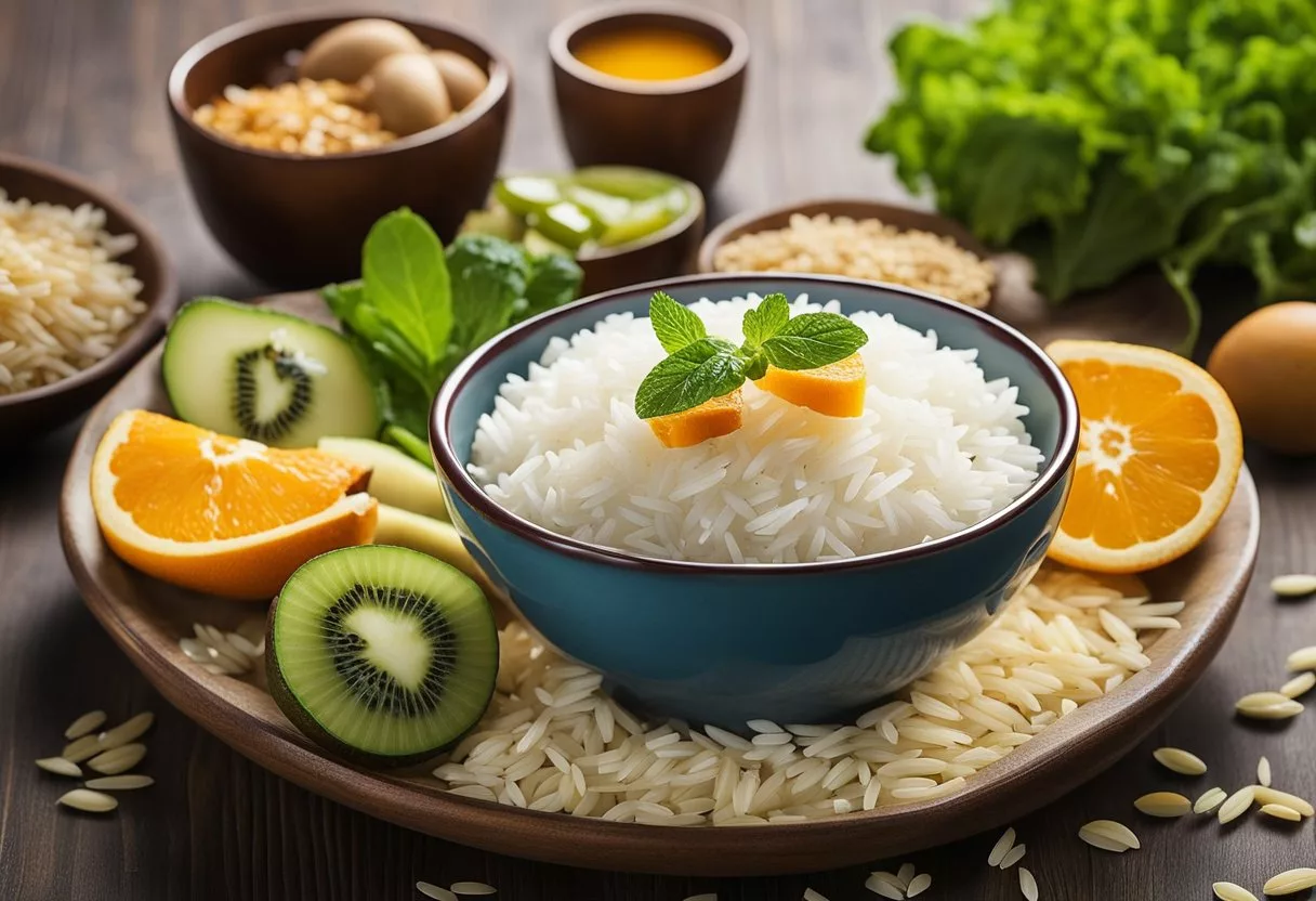 A bowl of rice surrounded by various health-related items such as a heart rate monitor, fruits, vegetables, and a scale