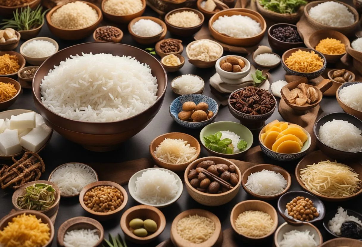 A bowl of rice surrounded by diverse cultural symbols and global landmarks, showcasing its significance