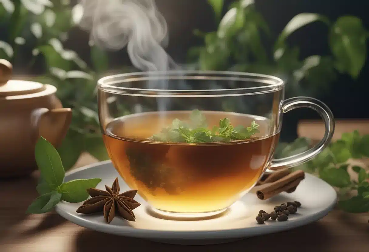 A steaming cup of tea surrounded by herbs and spices, with a gentle wisp of steam rising from the surface