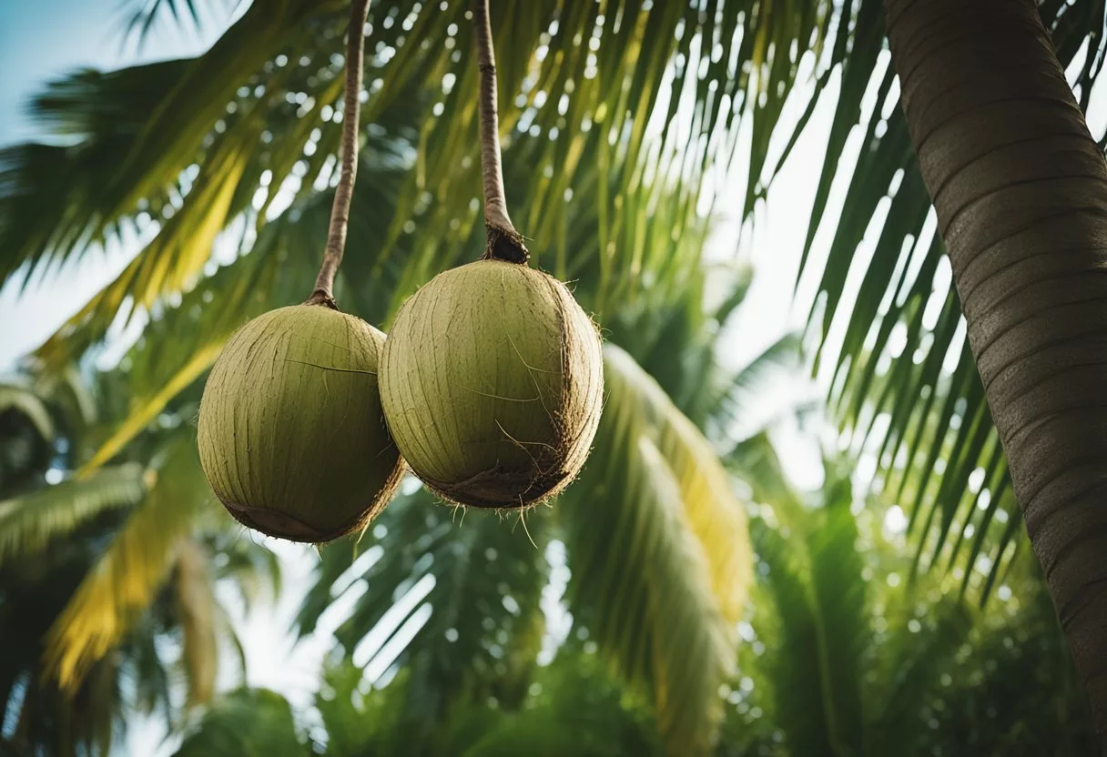 A coconut tree stands tall, with ripe coconuts hanging from its branches. A person approaches, plucks a coconut, and drinks its refreshing water