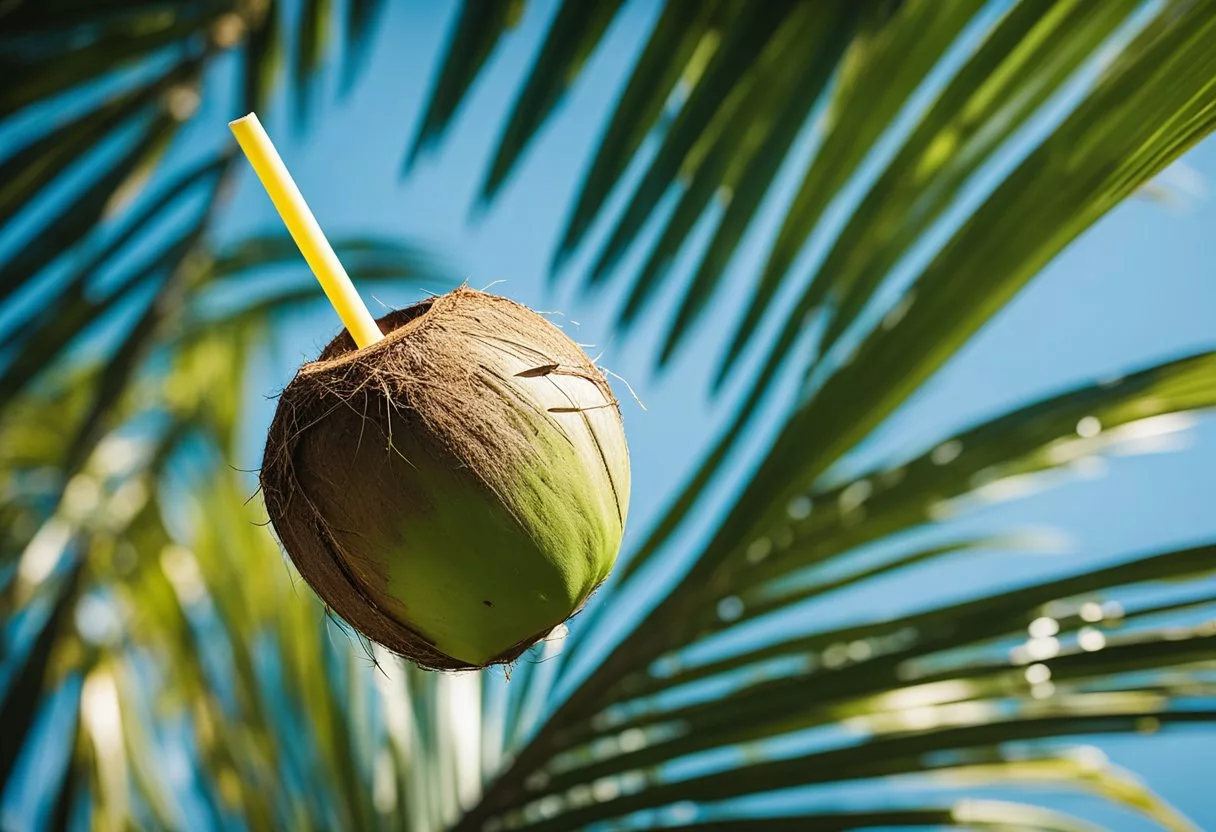 A coconut with a straw sticking out of it, surrounded by vibrant green palm leaves and a clear blue sky in the background