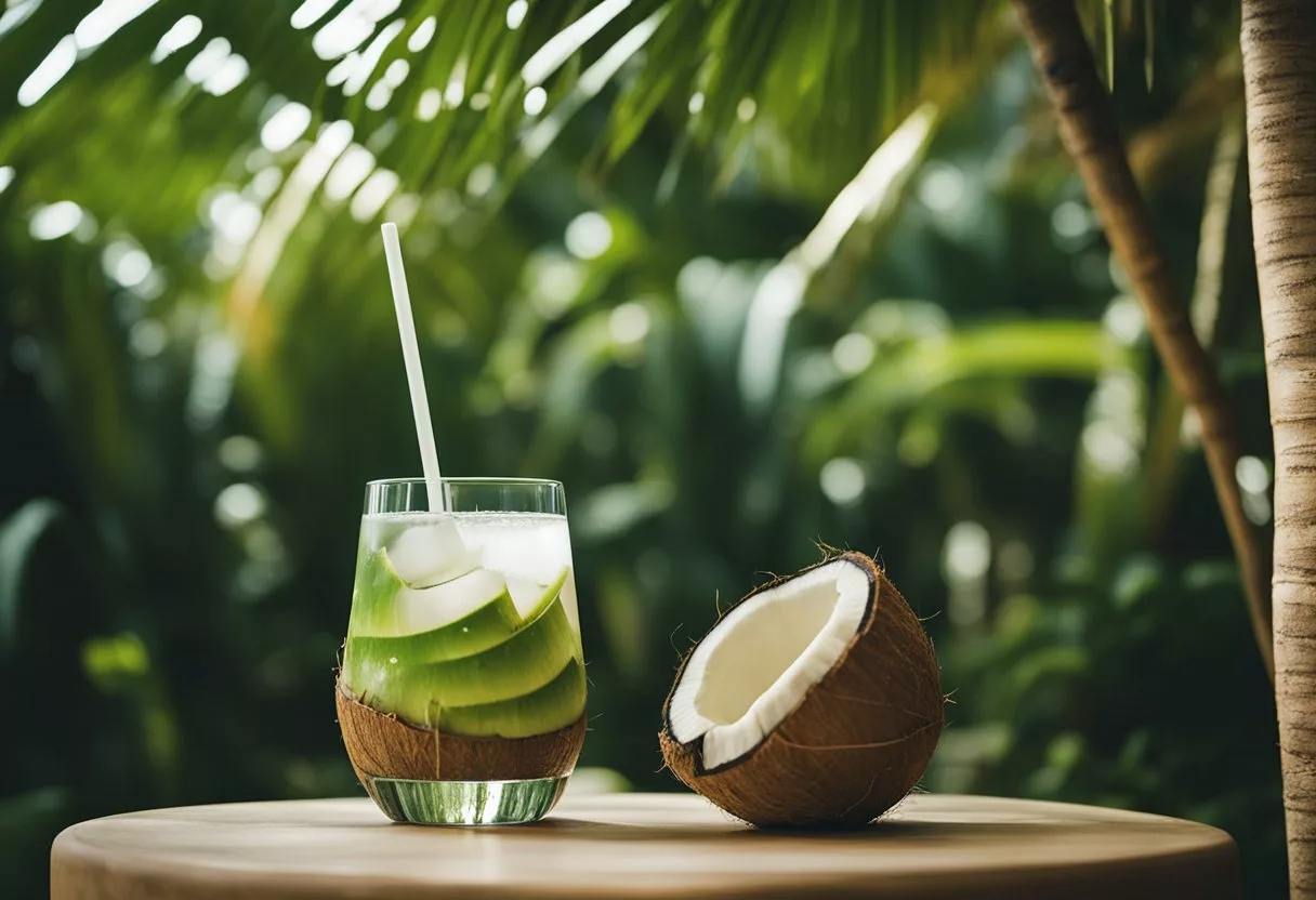 A person standing next to a coconut tree, with an open coconut and a glass of coconut water in hand, surrounded by lush greenery