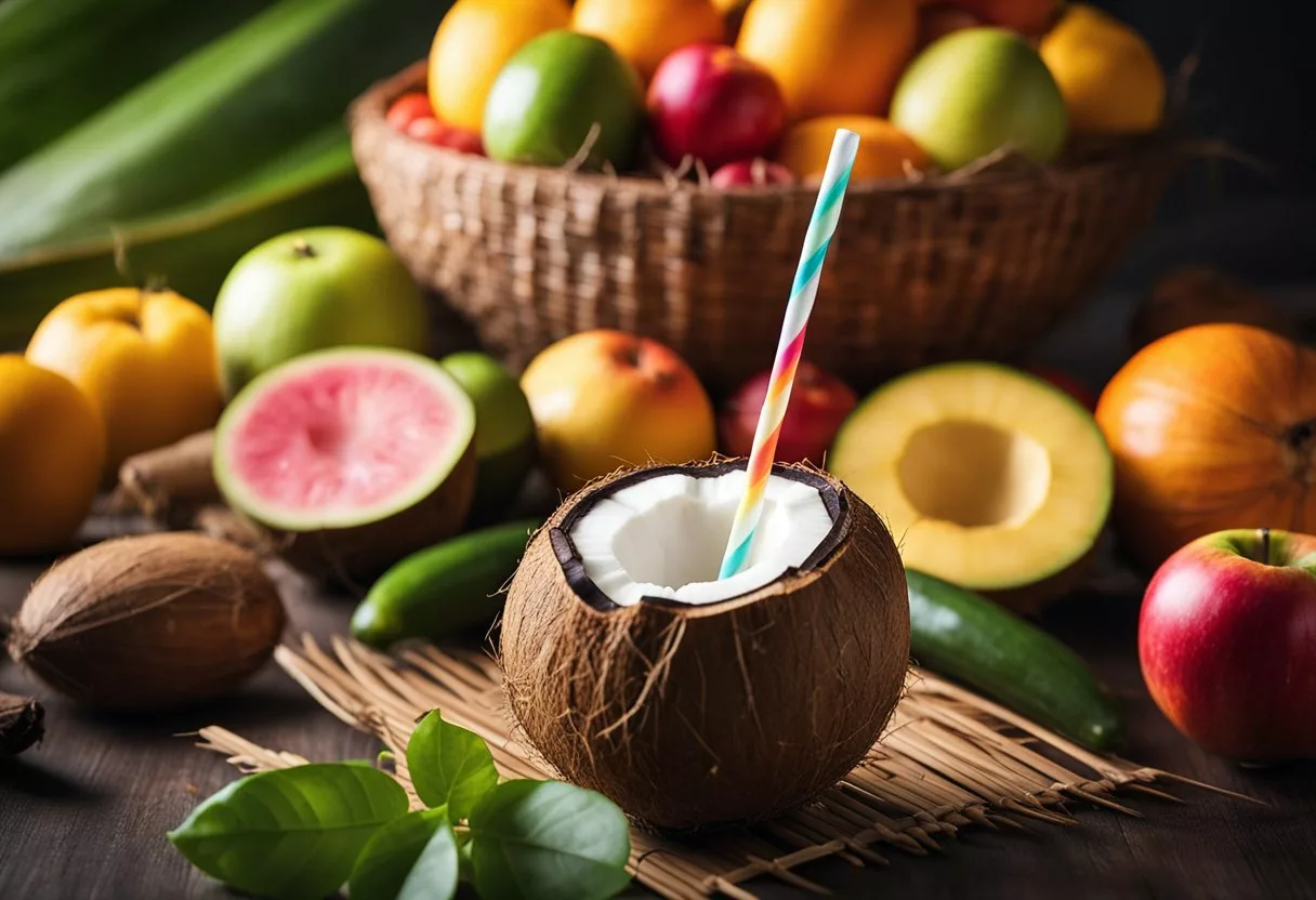 A coconut with a straw sticking out, surrounded by vibrant fruits and vegetables. A glowing aura emanates from the coconut, symbolizing the positive effects on the body