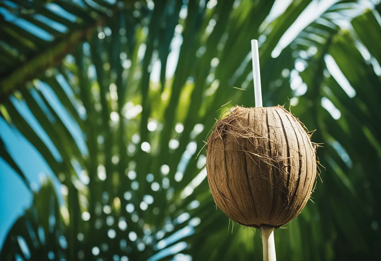 A coconut with a straw inserted into the top, surrounded by tropical foliage and a clear blue sky