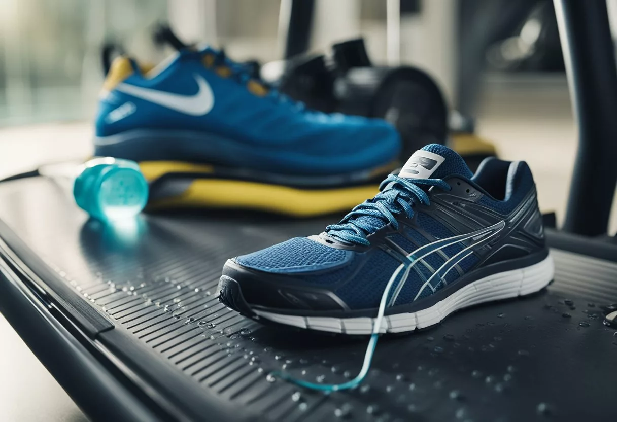 A pair of running shoes sits next to a treadmill, surrounded by sweat droplets and a water bottle. A stopwatch shows a time of 30 minutes, and a heartbeat monitor displays a steady rhythm