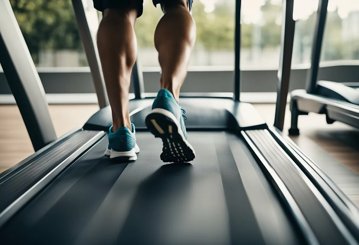 A person running on a treadmill, sweat dripping down their face, with a visible increase in heart rate and breathing