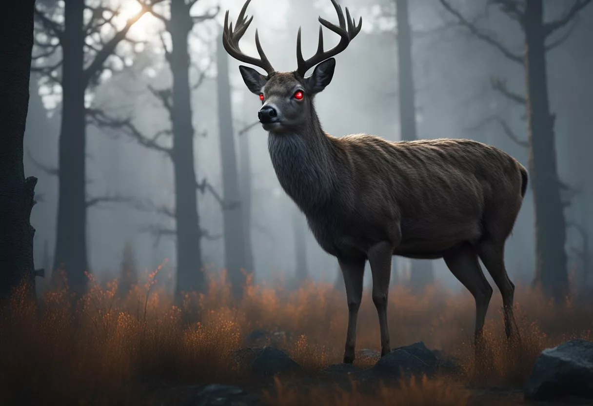 A deer with glowing red eyes and decaying flesh, standing in a barren forest, with ominous clouds overhead